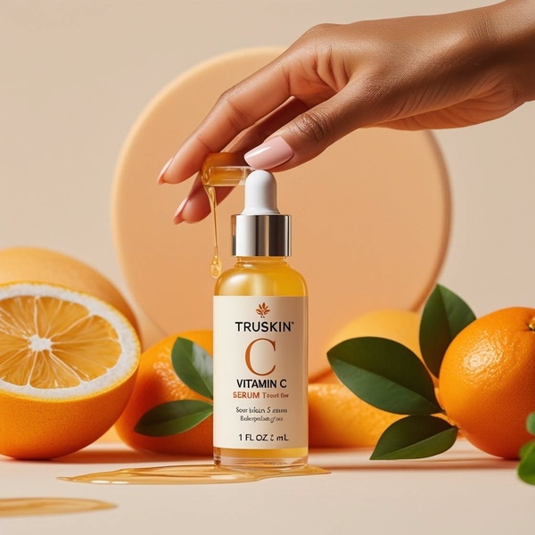 A high-contrast, professional product shot of a Vitamin C serum bottle surrounded by fresh oranges and a soft amber glow.